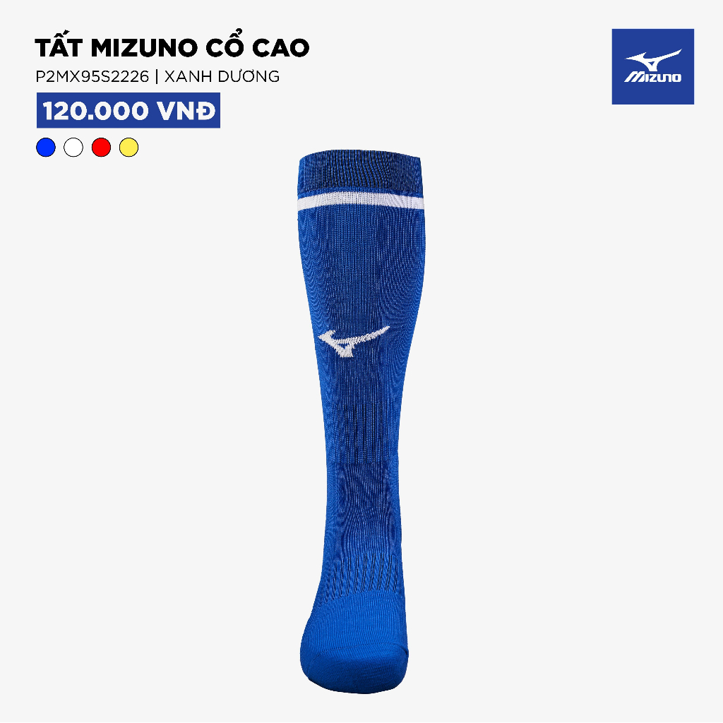 Tất thể thao cổ cao Mizuno chống trơn, dài dưới gối, chất liệu Cotton dày dặn, mềm mại, khử mùi, êm chân