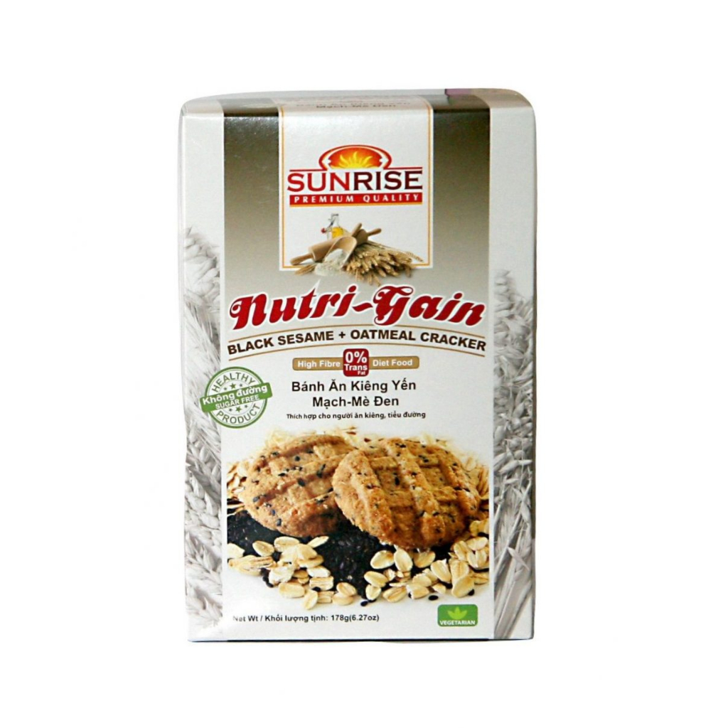 Bánh Yến Mạch Sunrise Mè Đen (Xám) Nutri Gain Black Sesame Oatmeal Cracker (Hộp 178g)