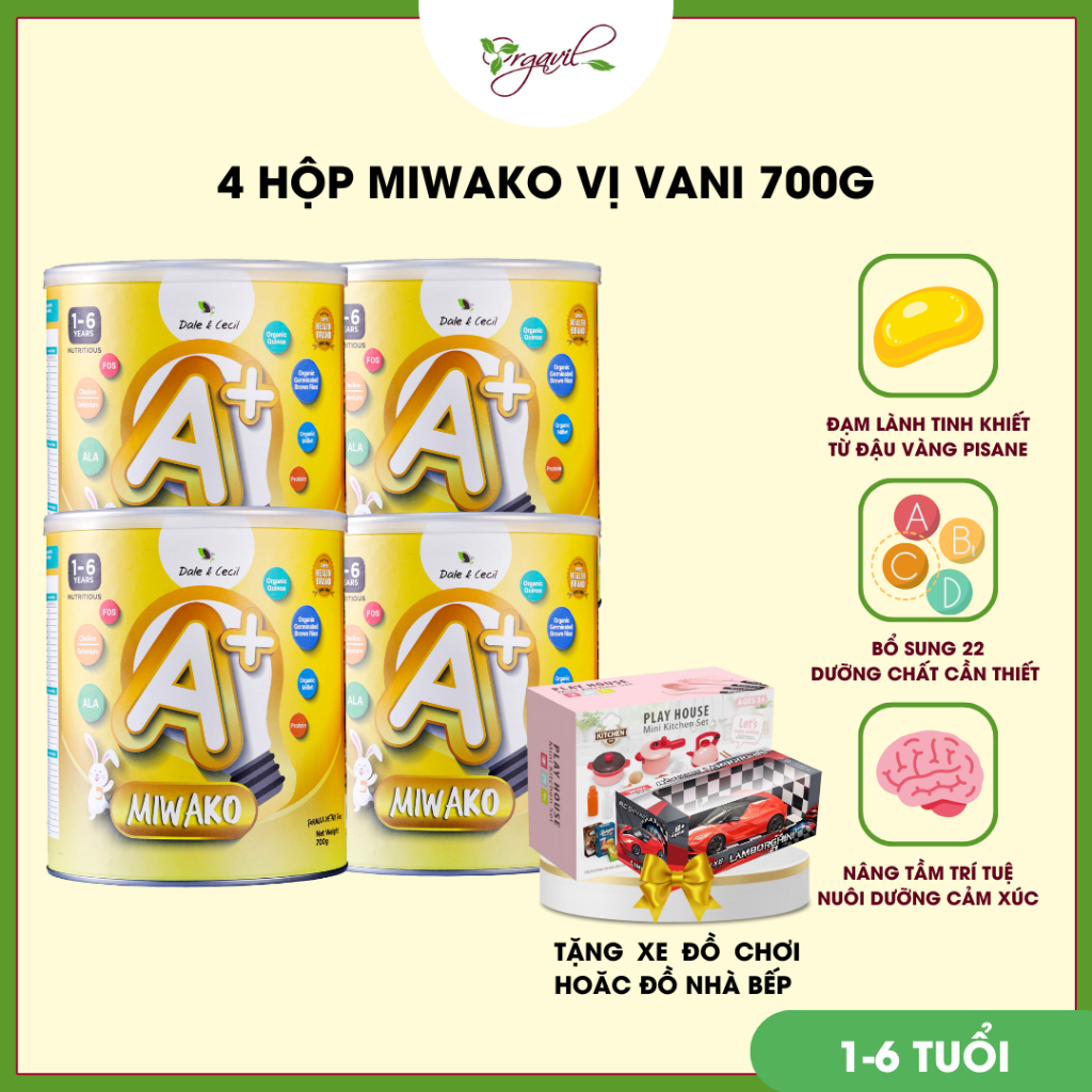 Sữa hạt Miwako A+ vị vani hộp 700g x 4 hộp - Sữa hạt Miwako bổ sung dinh dưỡng toàn diện, sữa mát, lành tính - Orgavil