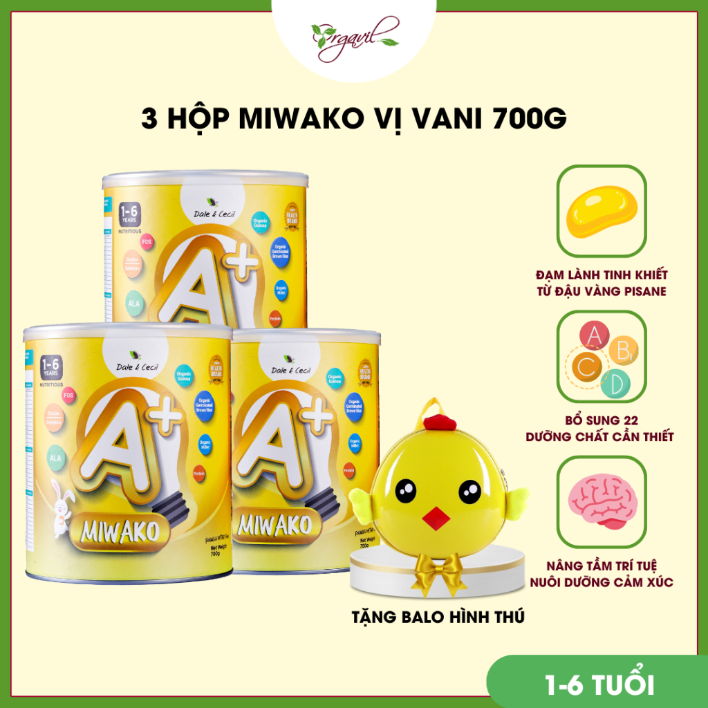 Sữa công thức hạt MIWAKO A+ vị vani hộp 700gr x 3 hộp (2.1 Kg) - Sữa mát, lành tính, dinh dưỡng hoàn chỉnh cho bé