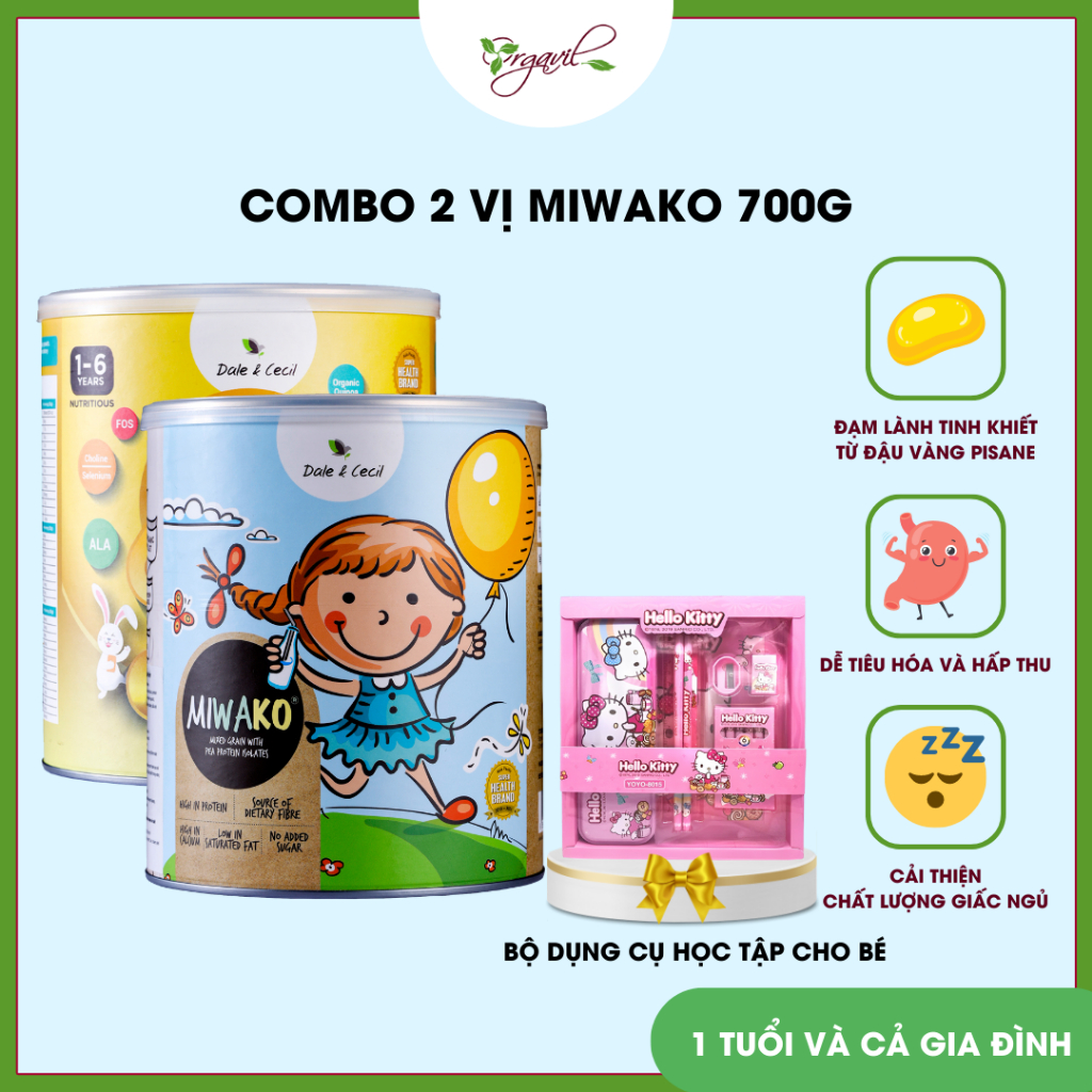 Sữa Miwako A+ vị vani, Miwako vị gạo hộp 700g x 2 hộp - Sữa hạt thực vật hữu cơ Miwako cho bé từ 1 tuổi - Orgavil