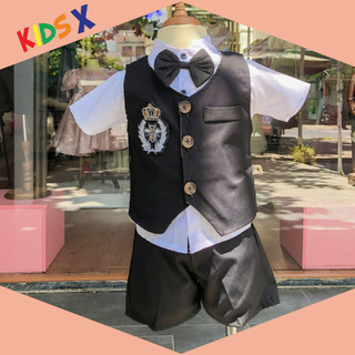Set công tử bé trai kids x 3 chi tiết gồm quần short, áo sơ mi, áo gile