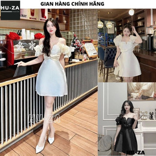 Đầm tafta trễ vai dáng xòe ngắn xẻ ngực v - váy tiểu thư 2 màu đen trắng sang chảnh xinh đẹp - huza v139