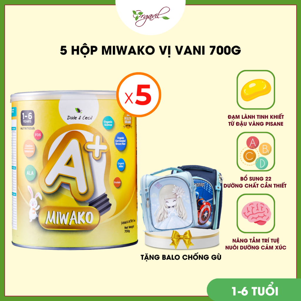 Sữa hạt Miwako A+ vị vani 700g x 5 hộp - Sữa công thức hạt thực vật hữu cơ Miwako, dinh dưỡng hoàn chỉnh - Orgavil
