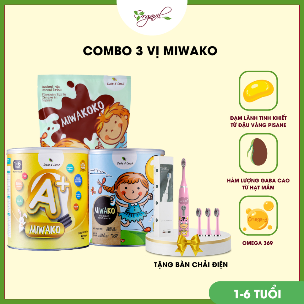 Sữa hạt Miwako gạo, Miwakoko cacao, Miwako A+ vị vani hộp 700g - Orgavil
