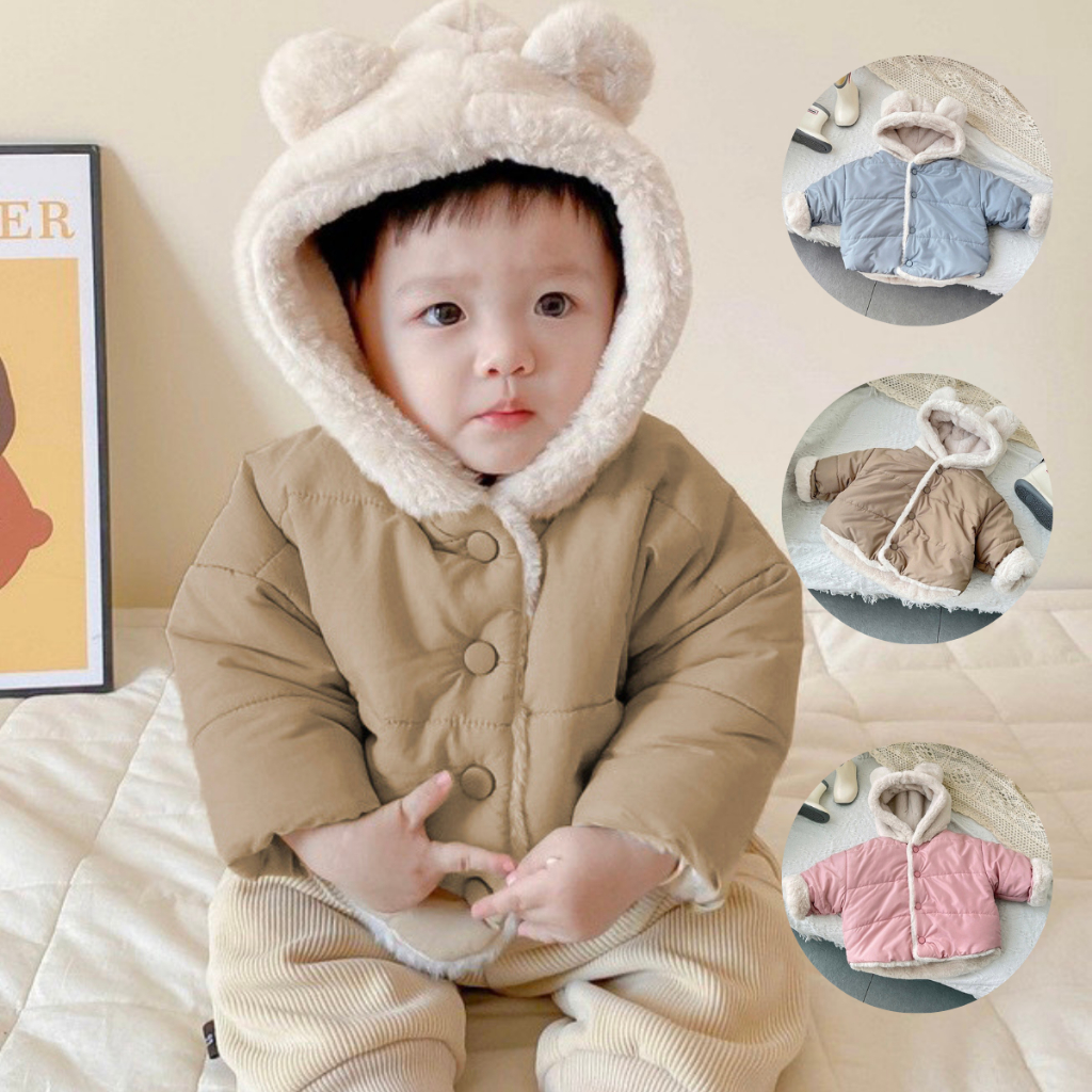 Áo phao Quảng Châu cao cấp cho bé trai bé gái mũ tai gấu dễ thương lót lông dày dặn, mềm mại phong cách Hàn Quốc size 9-