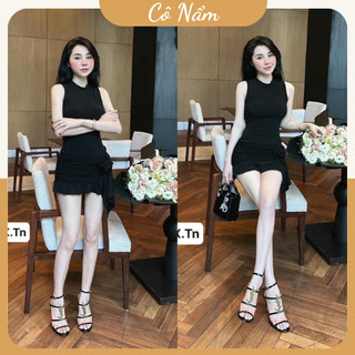 Váy đầm nữ váy body nữ cổ cao sát nách dúm hông 2 bên hoa hòng lệch 1 bên viền bèo basiz