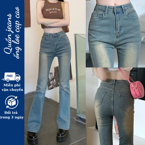 Quần bò nữ ống loe cạp cao, quần jean bò nữ xanh lưng cao ống loe phong cách Hàn Quốc trẻ trung dành cho nữ