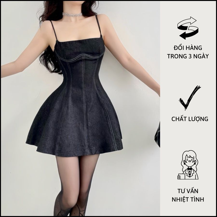 Đầm Jean Dự Tiệc 2 Dây Chỉ Nổi Dáng Xoè Trẻ Trung Cá Tính - M0804