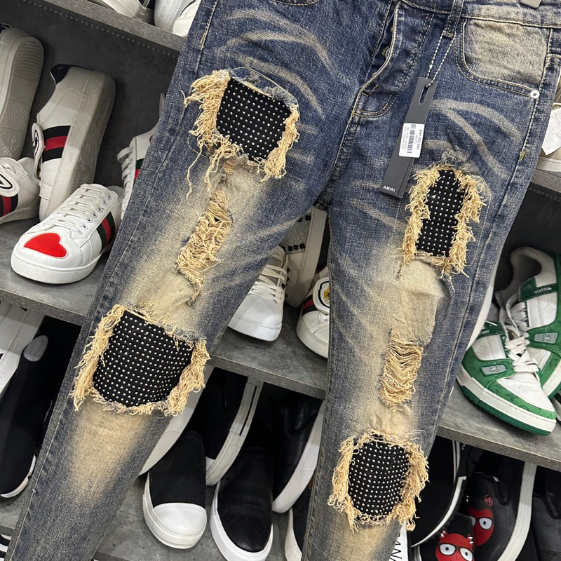 Quần AMIRI Vintage Xanh Rêu Đính Đá, Quần Jean Nam Amiri rách gối hoạ tiết đính đá thời trang