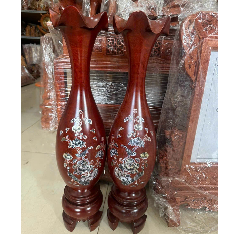 Lục bình phong thuỷ - Cặp lục bình gỗ lim cẩn hoạ tiết siêu đẹp hàng nguyên khối cao 40cm -50cm -  6