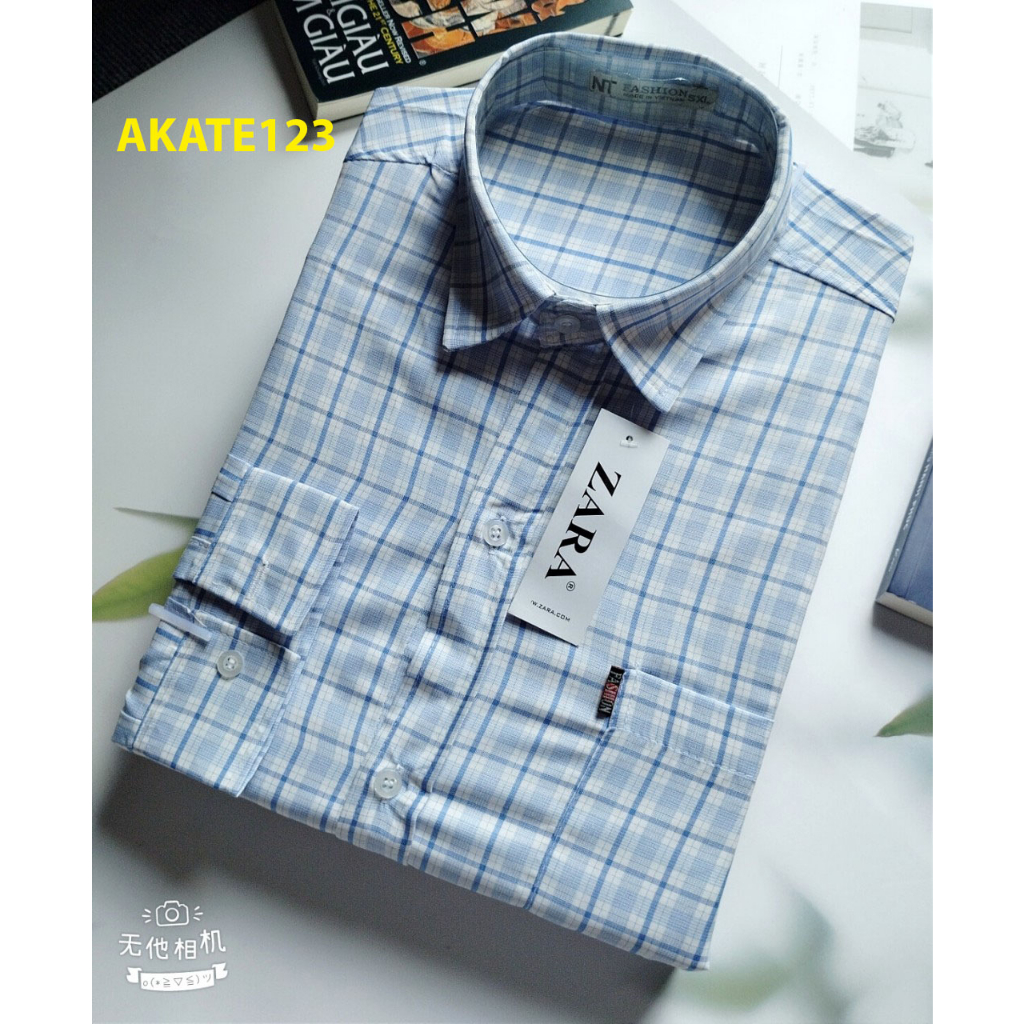 Áo sơ mi nam caro tay dài có cổ có túi vải mềm mát không nhăn không xù lông AKATE12