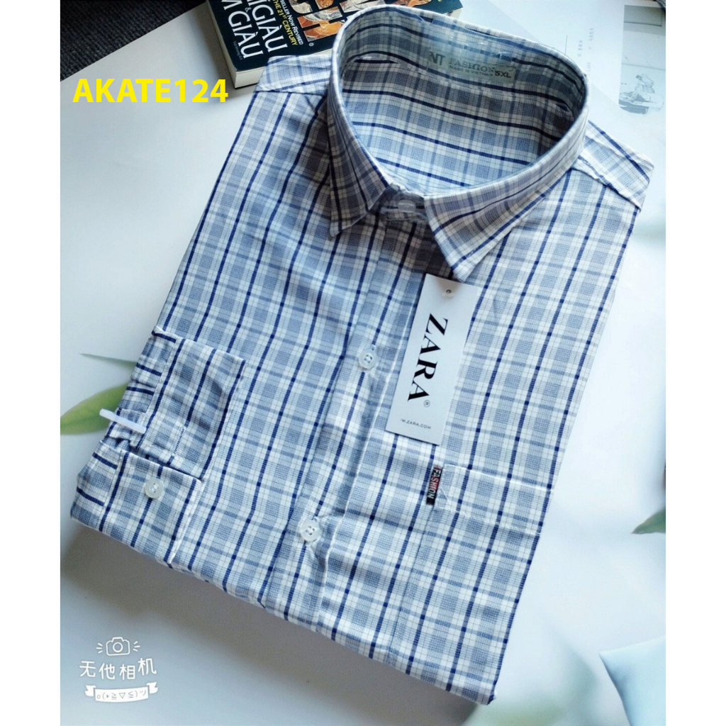 Áo sơ mi nam caro tay dài có cổ có túi vải mềm mát không nhăn không xù lông AKATE12