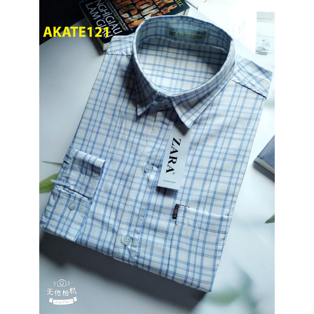 Áo sơ mi nam caro tay dài có cổ có túi vải mềm mát không nhăn không xù lông AKATE12