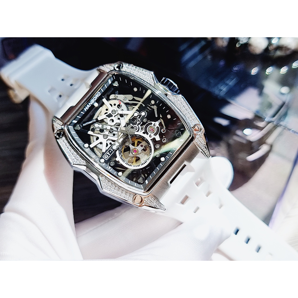 Đồng Hồ Nam Hanboro 932 Nạm Đá - Dây Silicone, Size 40x48mm