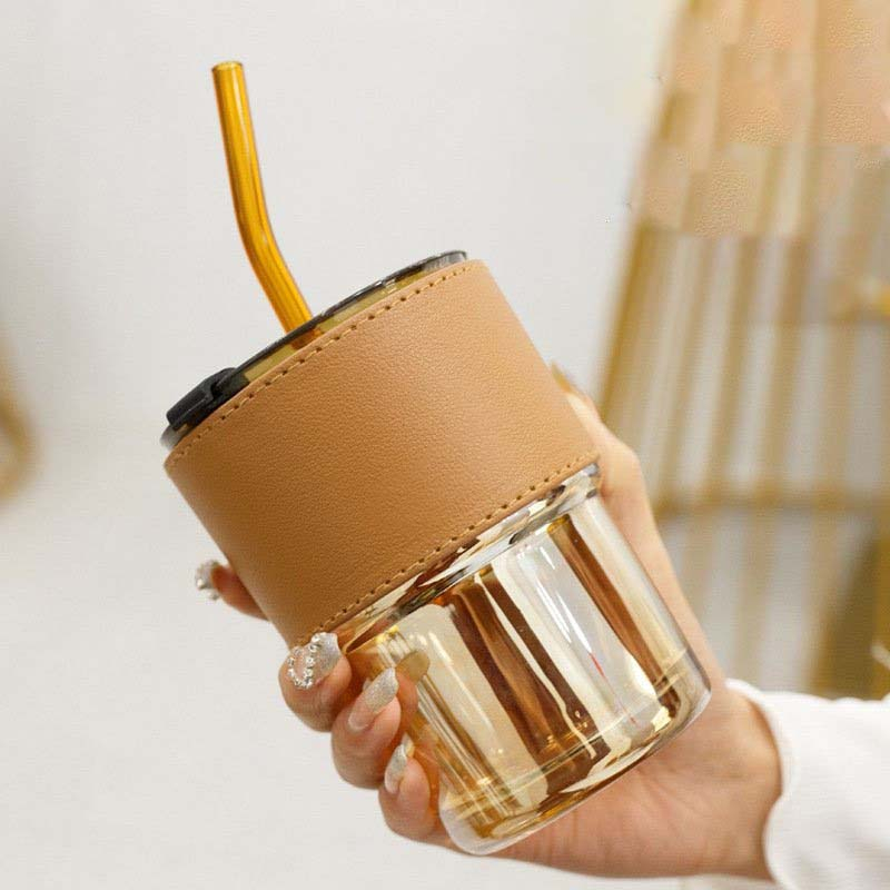 Cốc Thuỷ Tinh ❤️ Ly Nước Vỏ Bọc Da Có Nắp Và Ống Hút Quá Cool Dung Tích 450ml