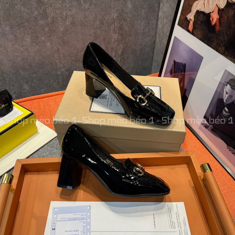Giày cao gót mũi vuông vân rắn khoá ngang gót trụ fullbox hàng quảng châu cao cấp