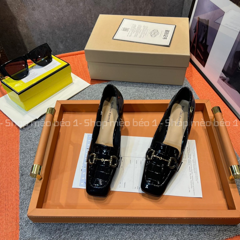 Giày cao gót mũi vuông vân rắn khoá ngang gót trụ fullbox hàng quảng châu cao cấp