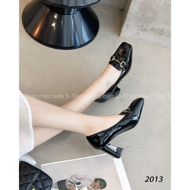 Giày cao gót mũi vuông vân rắn khoá ngang gót trụ fullbox hàng quảng châu cao cấp