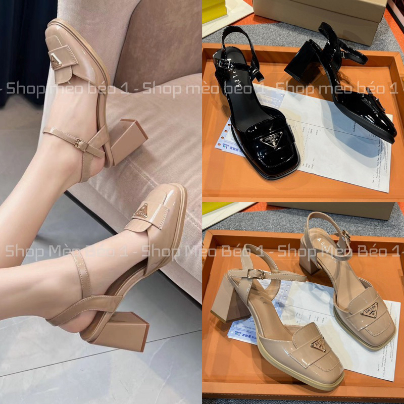 Sandal prd mũi vuông tag đồng gót trụ fullbox hàng quảng châu cao cấp