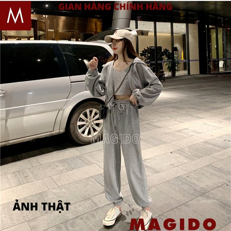 Bộ 3 món áo khoác dài tay có mũ kèm áo ba lỗ và quần boom dài - Set đồ nữ dáng thể thao - MAGIDO B24
