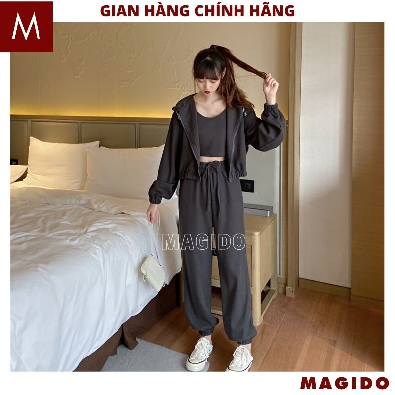 Bộ 3 món áo khoác dài tay có mũ kèm áo ba lỗ và quần boom dài - Set đồ nữ dáng thể thao - MAGIDO B24