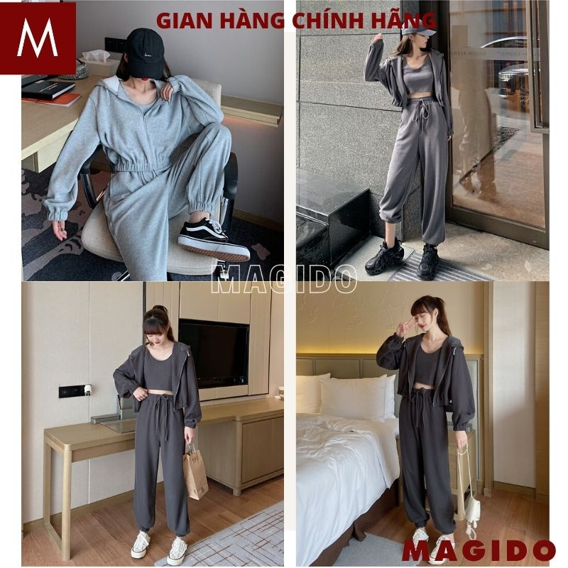 Bộ 3 món áo khoác dài tay có mũ kèm áo ba lỗ và quần boom dài - Set đồ nữ dáng thể thao - MAGIDO B24