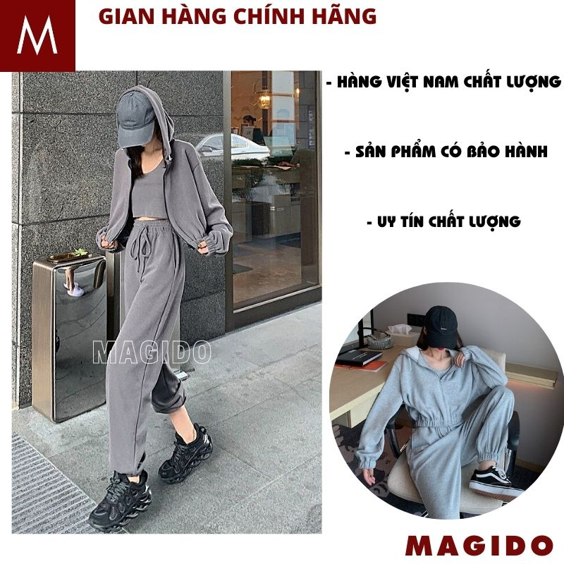 Bộ 3 món áo khoác dài tay có mũ kèm áo ba lỗ và quần boom dài - Set đồ nữ dáng thể thao - MAGIDO B24