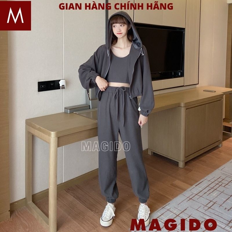Bộ 3 món áo khoác dài tay có mũ kèm áo ba lỗ và quần boom dài - Set đồ nữ dáng thể thao - MAGIDO B24
