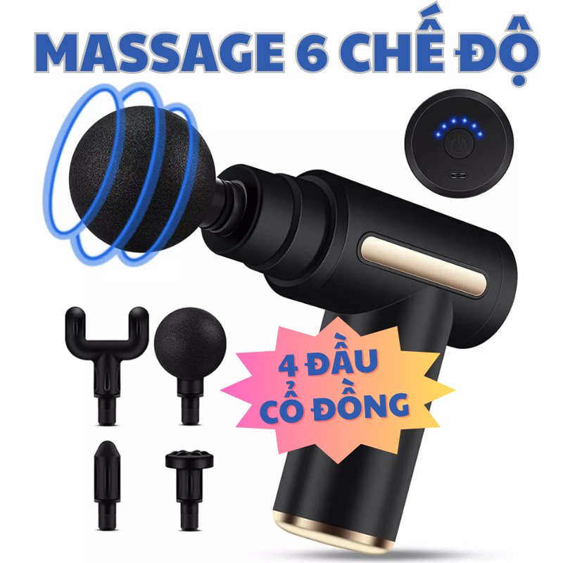 Máy massage đấm lưng cầm tay đa năng  Sung mát xa cổ vai gáy giảm co cứng cơ với 4 đầu và 6 chế độ