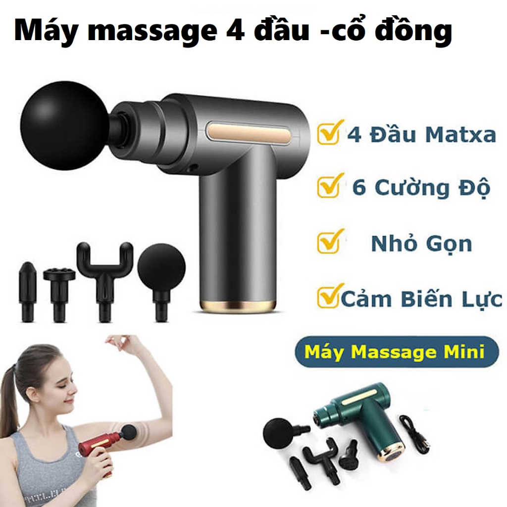Máy massage đấm lưng cầm tay đa năng  Sung mát xa cổ vai gáy giảm co cứng cơ với 4 đầu và 6 chế độ