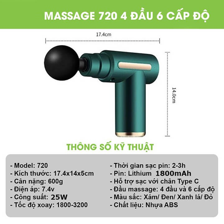 Máy massage đấm lưng cầm tay đa năng  Sung mát xa cổ vai gáy giảm co cứng cơ với 4 đầu và 6 chế độ