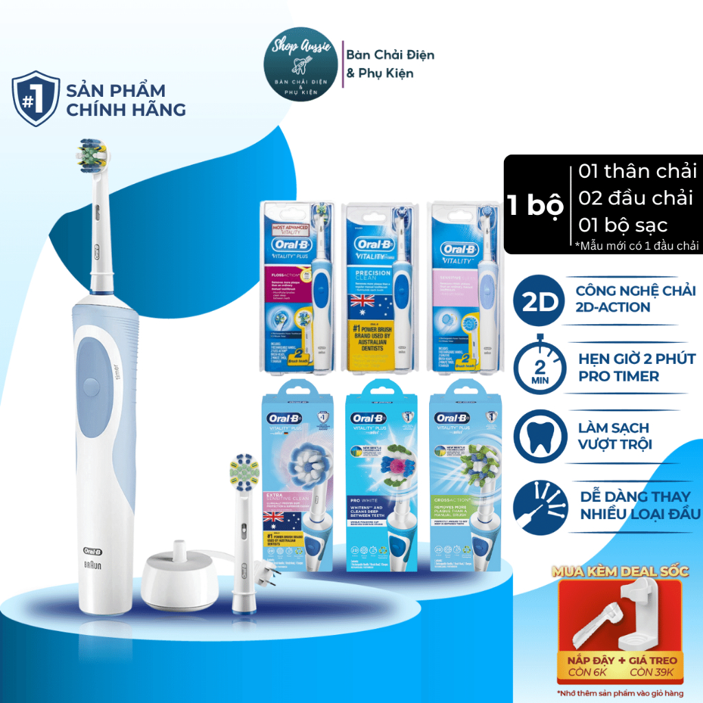 Bàn Chải Điện Oral-B Vitality - Hẹn Giờ 2-Phút, Làm Sạch Sâu Loại Bỏ 100% Mảng Bám, Bàn Chải Điện Cho Người Lớn & Trẻ Em