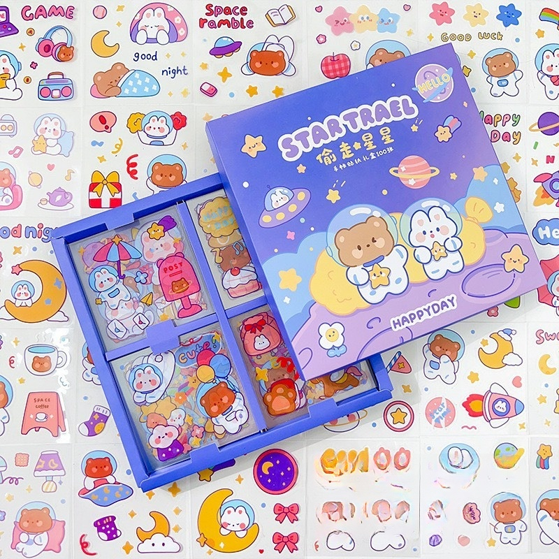 Hộp sticker 100 tấm cute trong suốt giá rẻ dán mũ bảo hiểm set 100 hình dán ST02