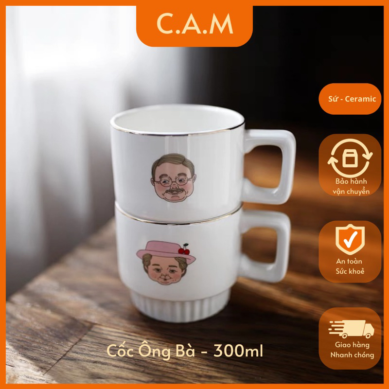 Cốc Đôi - Cốc sứ hình Ông Bà 300ml dùng uống nước, làm quà cưới, tặng sinh nhật, làm đồ đôi cho couple