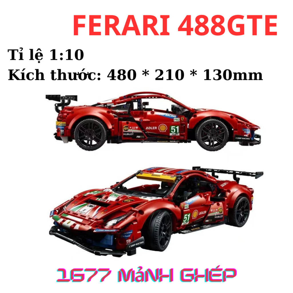 Bộ lắp ráp Siêu Xe Ferrari 488 GTE, tỉ lệ 1:10, 1677 mảnh ghép technics