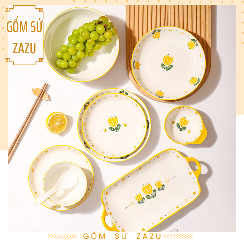 Bộ Chén Bát Cao Cấp Hoa Tuylip Decor Phòng Bếp Gốm Sứ ZAZU, bộ bát đĩa đẹp, bộ chén dĩa gia đình