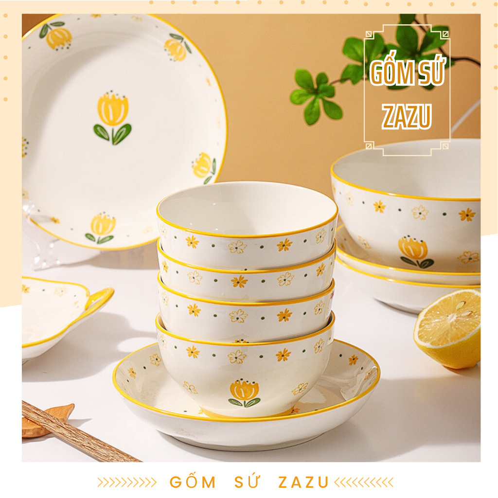 Bộ Chén Bát Cao Cấp Hoa Tuylip Decor Phòng Bếp Gốm Sứ ZAZU, bộ bát đĩa đẹp, bộ chén dĩa gia đình