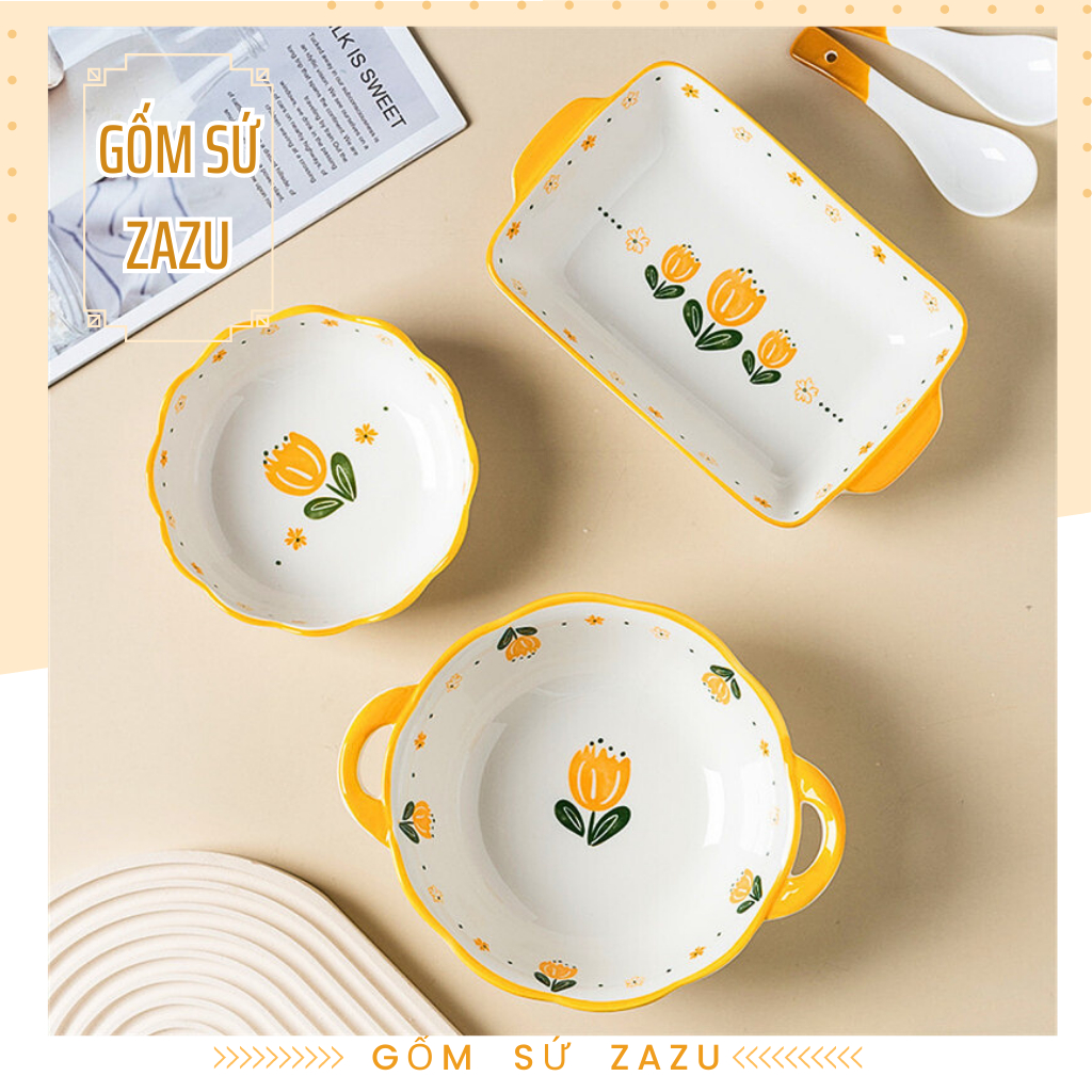 Bộ Chén Bát Cao Cấp Hoa Tuylip Decor Phòng Bếp Gốm Sứ ZAZU, bộ bát đĩa đẹp, bộ chén dĩa gia đình