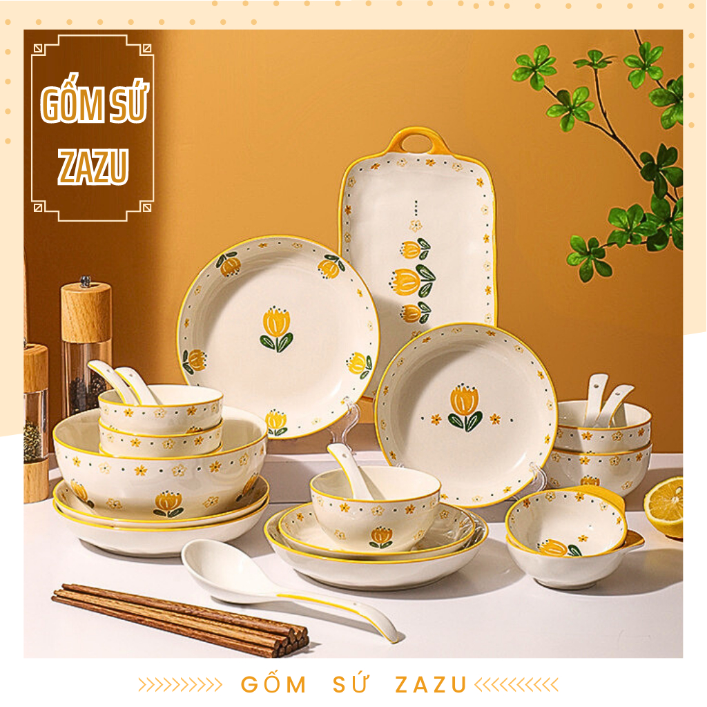 Bộ Chén Bát Cao Cấp Hoa Tuylip Decor Phòng Bếp Gốm Sứ ZAZU, bộ bát đĩa đẹp, bộ chén dĩa gia đình