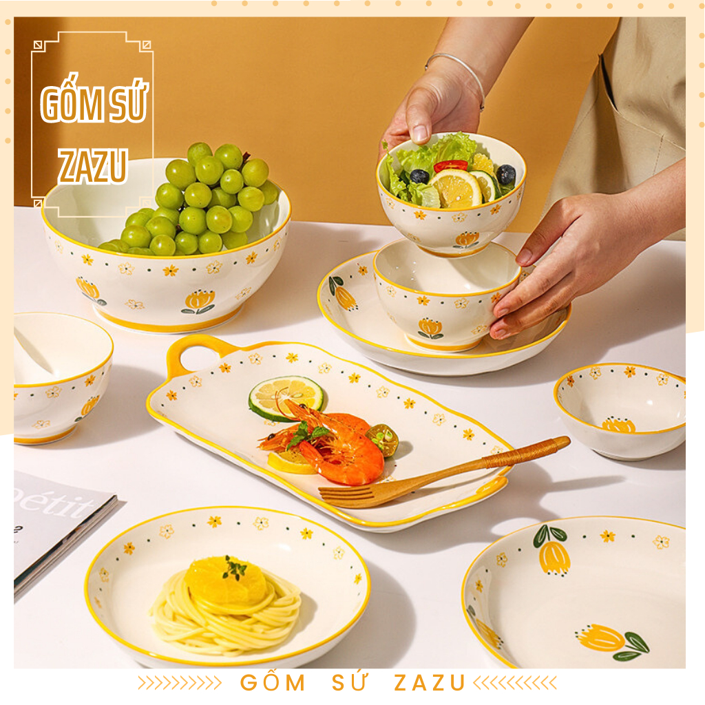 Bộ Chén Bát Cao Cấp Hoa Tuylip Decor Phòng Bếp Gốm Sứ ZAZU, bộ bát đĩa đẹp, bộ chén dĩa gia đình