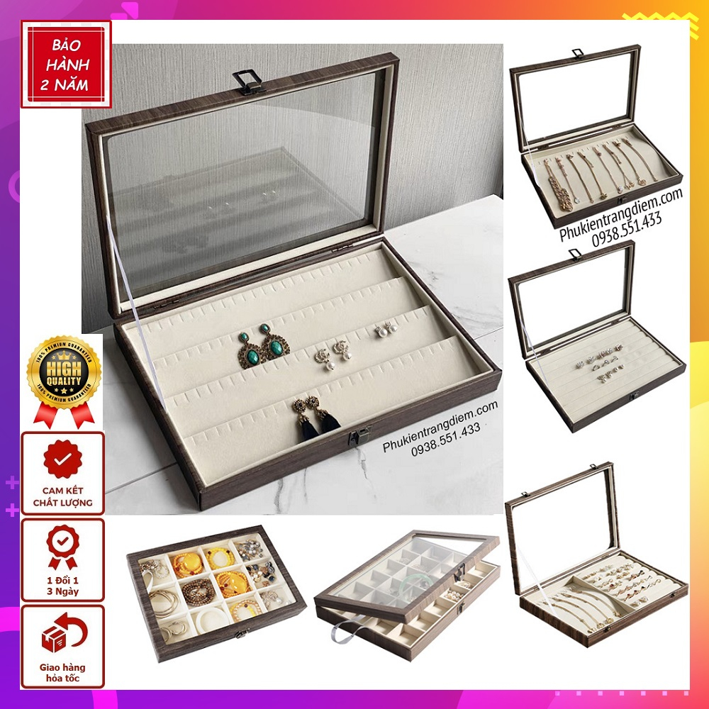 Hộp Đựng Trang Sức Phụ Kiện, Khuyên Tai, Vòng Tay, Dây Chuyền Cao Cấp - Có Nắp Kính Chống Bụi - TSDG