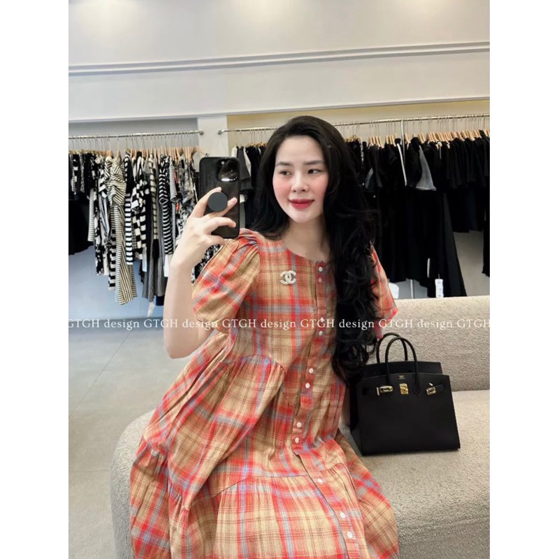 Váy bầu cộc tay công sở sang chảnh kẻ cam V26