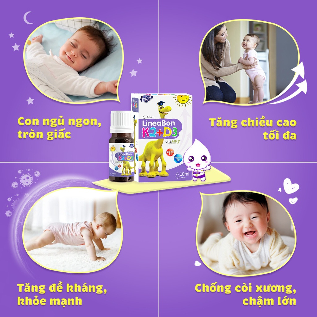 Liệu trình giúp bé tăng chiều cao, ăn ngon Lineabon d3k2 10ml và Siro Paster kids gold chai 100ml - Thomsoncare