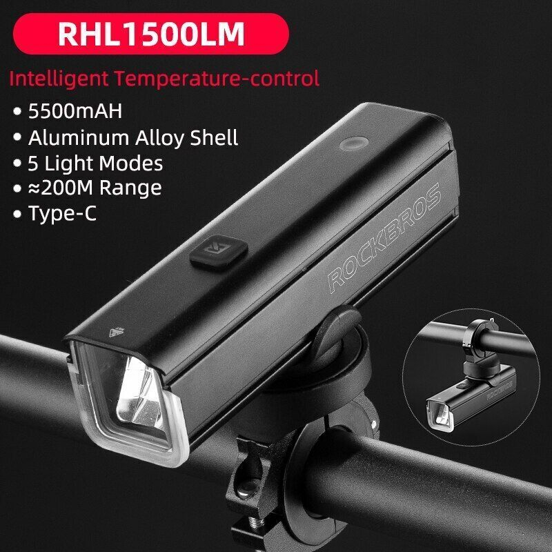 ROCKBROS Đèn pha xe đạp, 200, 400, 600, 1000, 1500 lumen pin 2000mAh - 5500 mAh, sạc USB, chất liệu hợp kim nhôm...