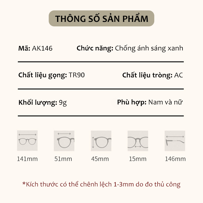 Gọng Kính Nam Nữ Siêu Dẻo AORON Tròng Chống Ánh Sáng Xanh Và Tia UV Giảm Mỏi Mắt Hạn Chế Cận Thị Chống Gãy AK146