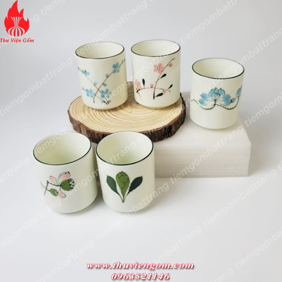 Cốc Sứ Uống Nước Chén Trà Hoạ Tiết Vẽ Tay Men Kem Gốm Sứ Bát Tràng 180ml