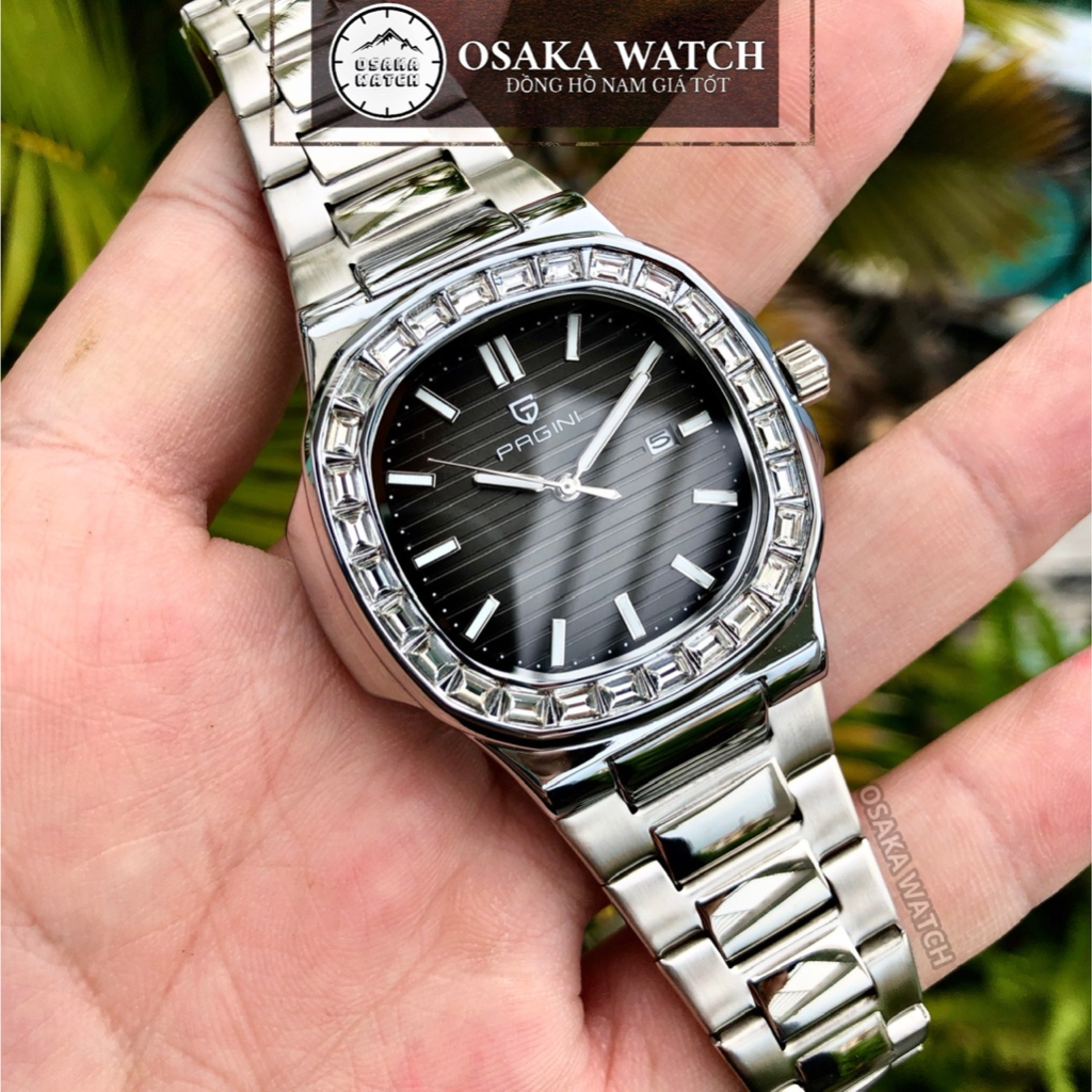 Đồng Hồ Nam Pagini Nautilus PA9979 Viền Đá Mặt Vuông Dây Thép Không Gỉ Đúc Đặc Fullbox Chính Hãng