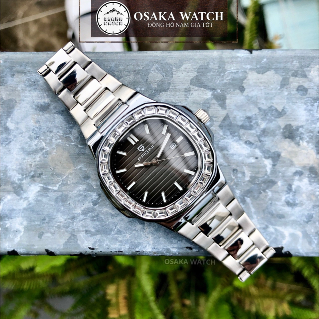 Đồng Hồ Nam Pagini Nautilus PA9979 Viền Đá Mặt Vuông Dây Thép Không Gỉ Đúc Đặc Fullbox Chính Hãng