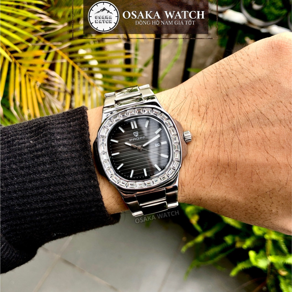 Đồng Hồ Nam Pagini Nautilus PA9979 Viền Đá Mặt Vuông Dây Thép Không Gỉ Đúc Đặc Fullbox Chính Hãng
